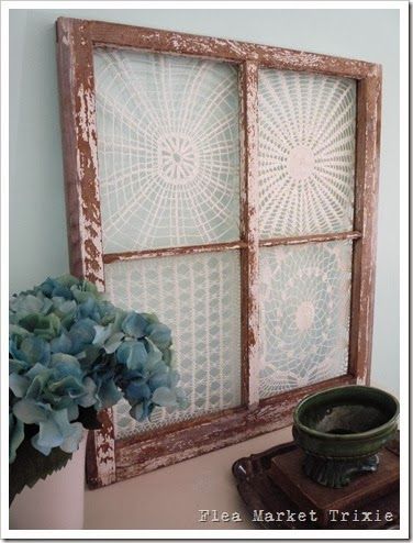 Recycled window with vintage doilies decor