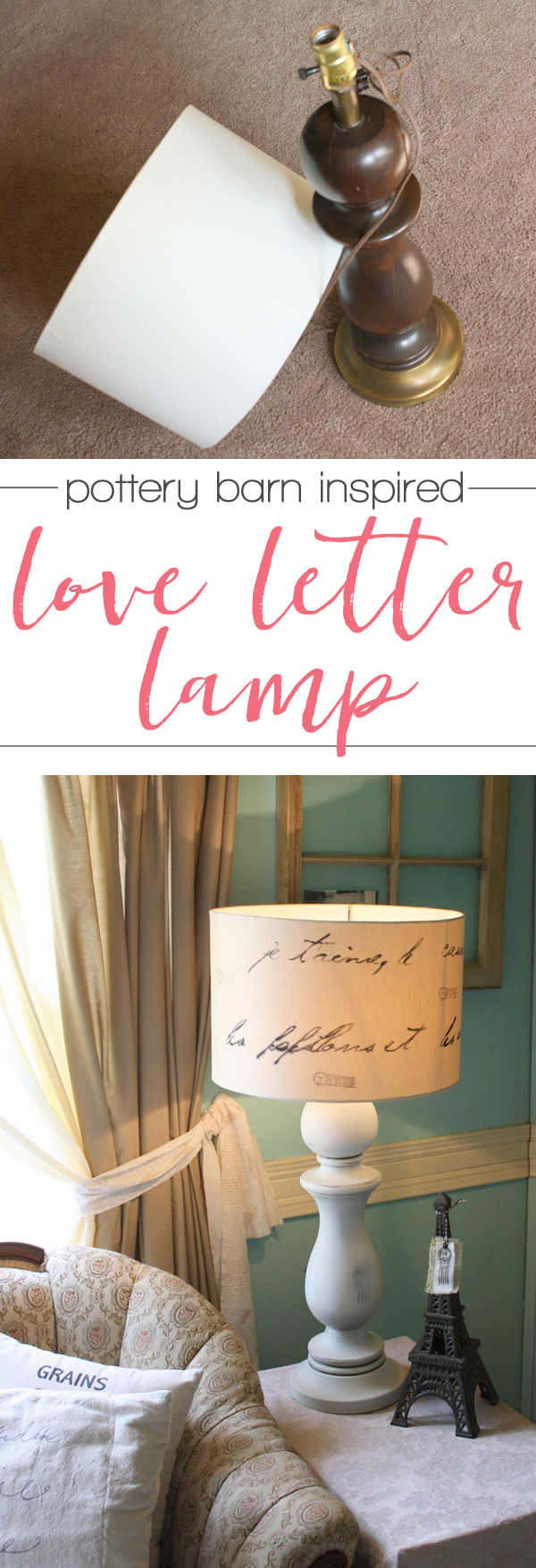 Gorgeous DIY pottery barn inspired love letter lamp - with an actual love letter on the shade. Pinning this for that thrift store lamp I've been saving forever. 