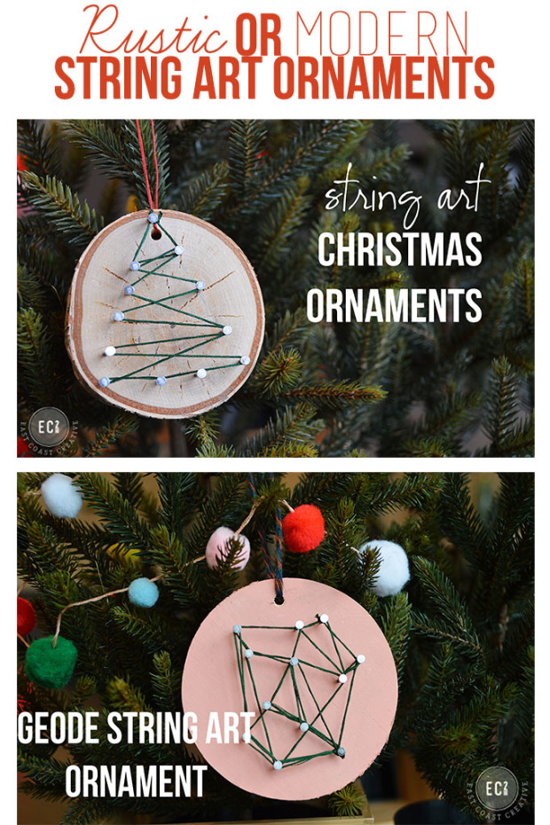 fun and creative Christmas ornaments ideas- rustic or geometric string ornament 