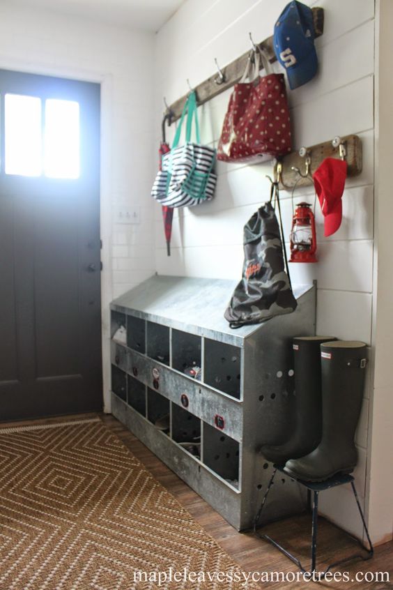 Add a little farmhouse style to an entry area by using nesting boxes as cubbyholes
