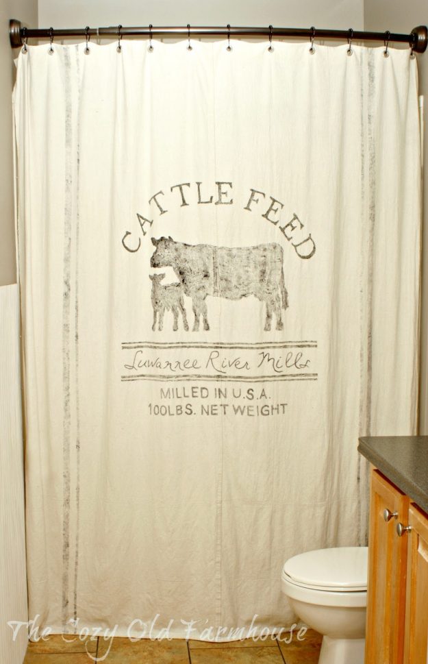 DIY shower curtain made from drop cloth - perfect for my farmhouse bathroom!