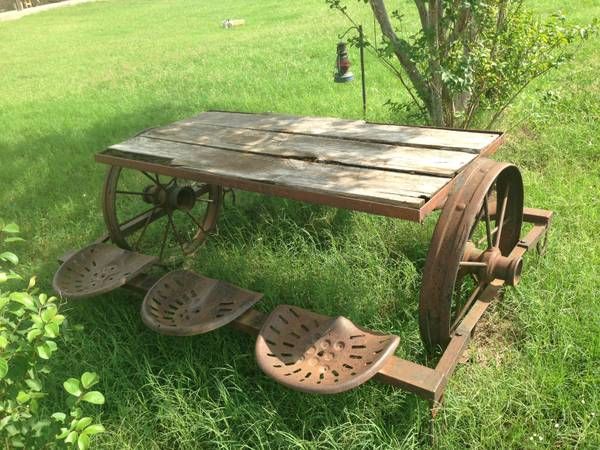 Picnic table made from repurposed farm equipment. Tons of great ideas in this post!