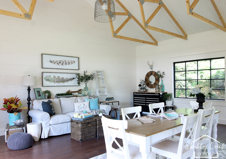 Gorgeous farmhouse style studio (she-shed). This woman and her husband built it all by themselves and it's simply stunning. Love every tiny detail!