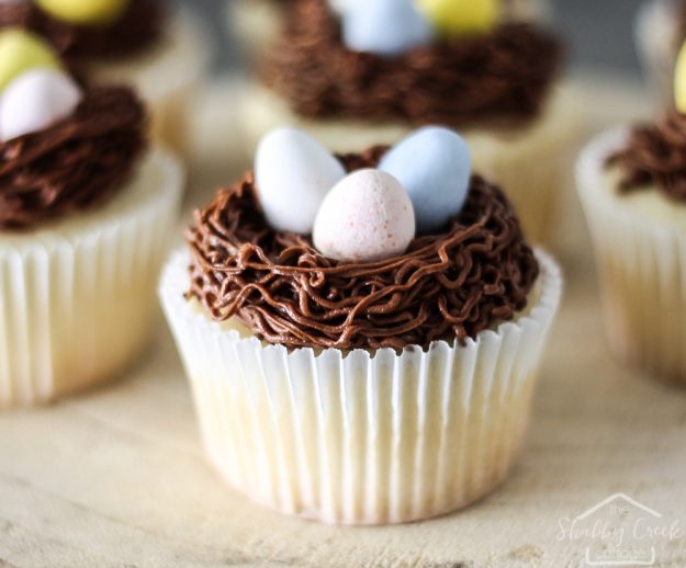 Cute nest cupcakes with chocolate cream cheese frosting - perfect for spring!