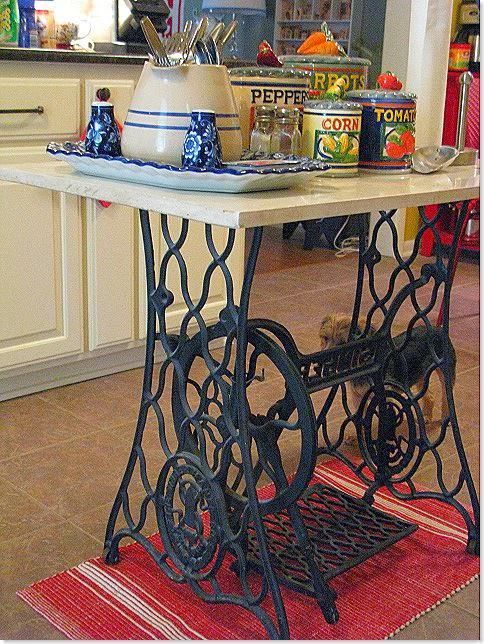 kitchen island made from an old sewing machine base
