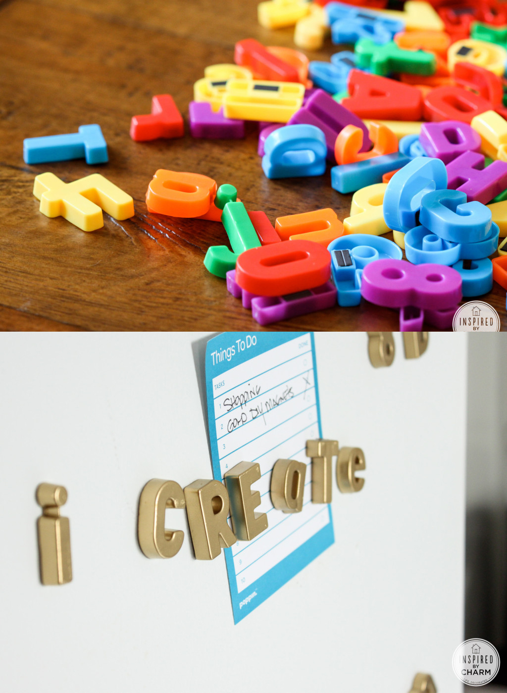 Awesome Spray Paint Makeover Idea - spray cheap alphabet magnets with gold paint