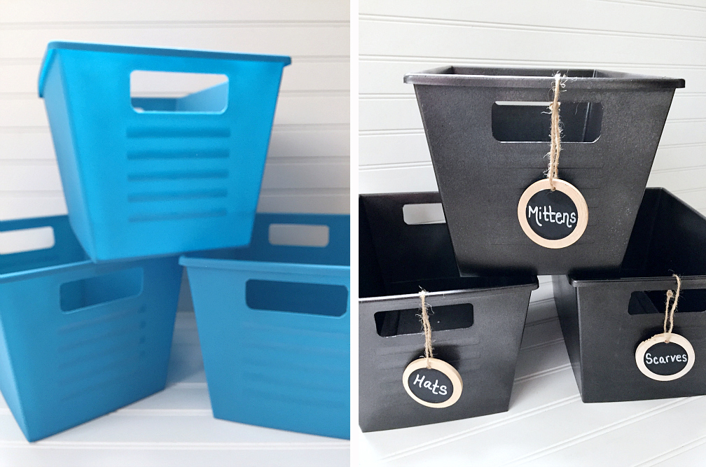 She took dollar store plastic bins and turned them into farmhouse style with metallic spray paint - so smart!
