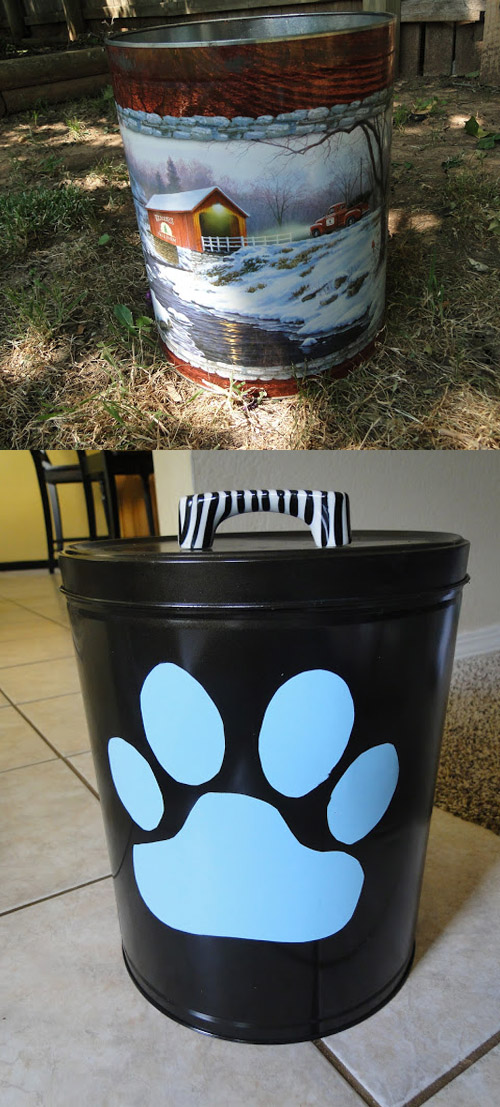 She turned an old popcorn tin into a pet food container - so smart!