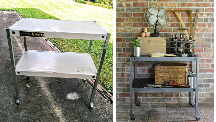 Take a yard sale cast off and turn it into a farmhouse style bar cart with just a little spray paint!