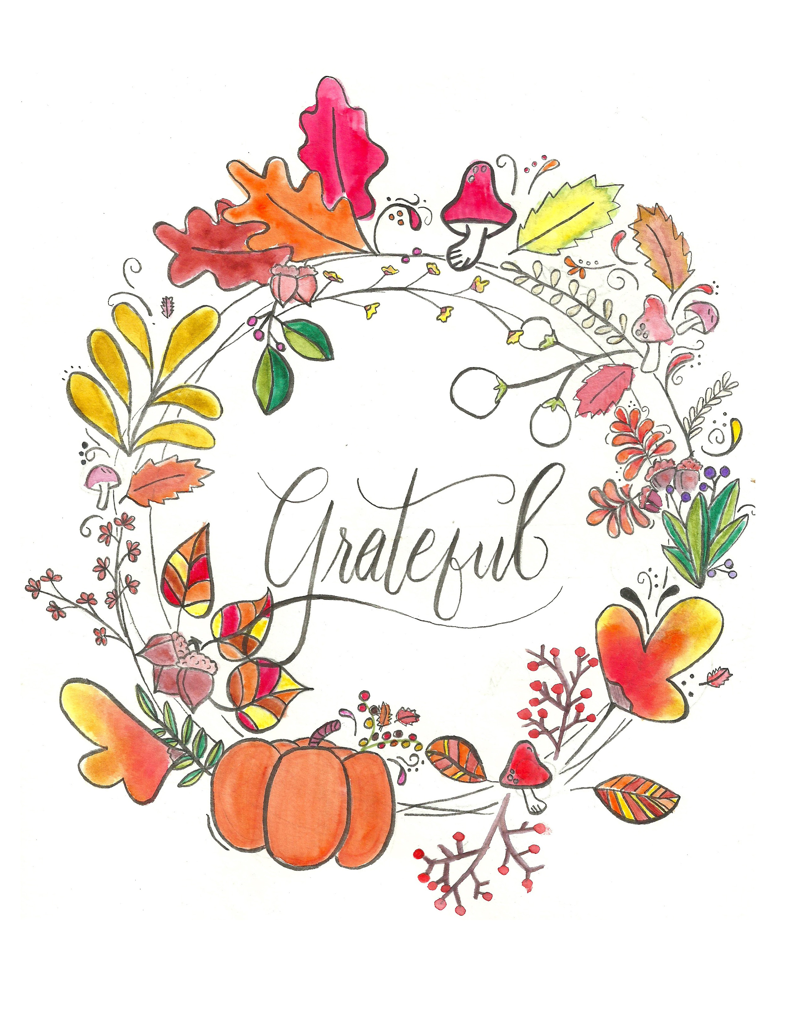 downloadable image of watercolor print of wreath with fall colors and the word grateful hand-lettered in the center on white background.